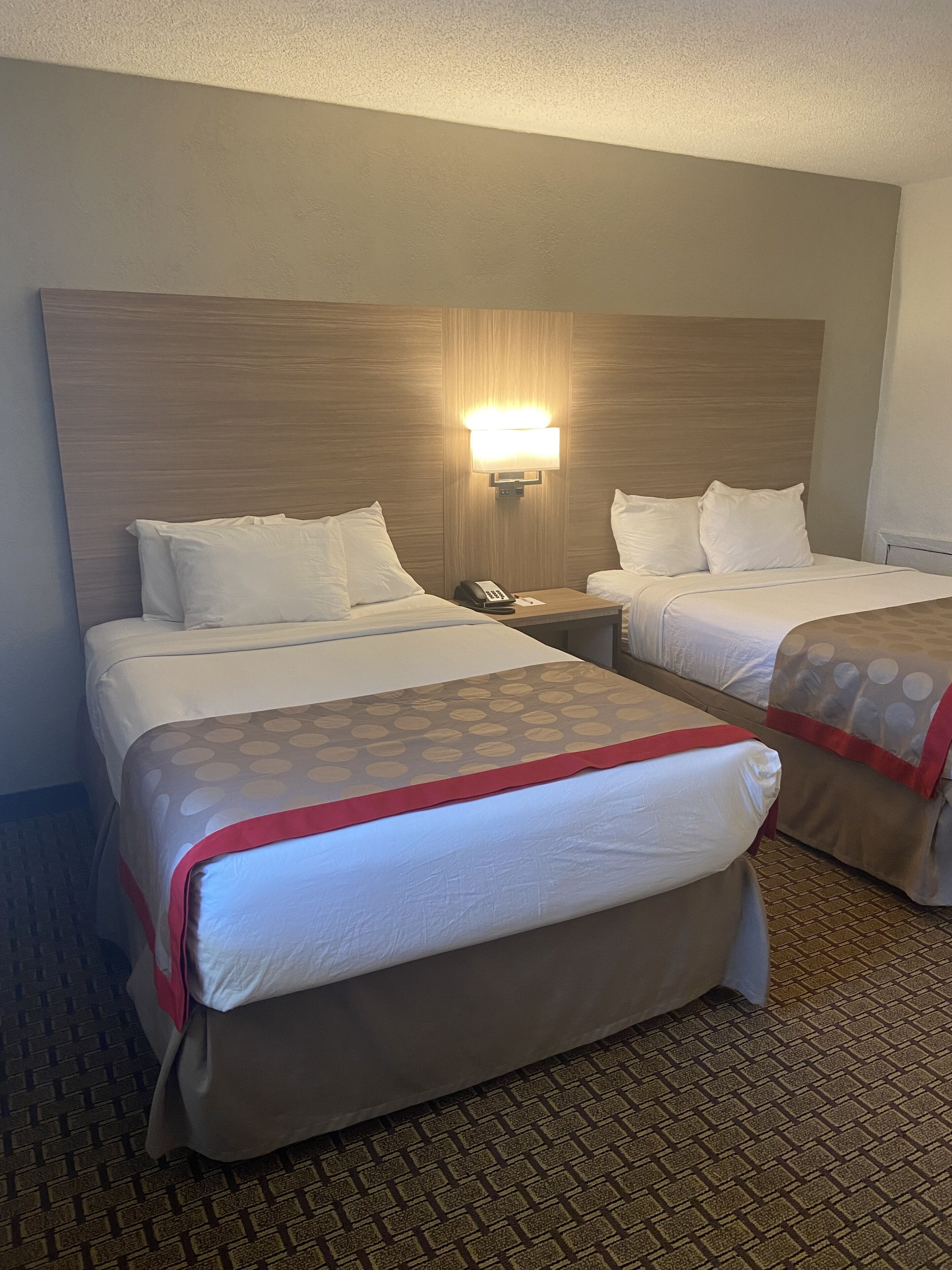Habitació d'hotel amb dos llits, una tauleta de nit amb un telèfon i una làmpada de paret.