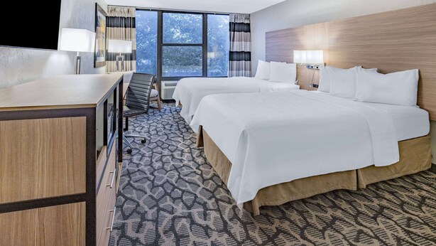 Una habitación de hotel con una cama grande, un escritorio y un televisor.