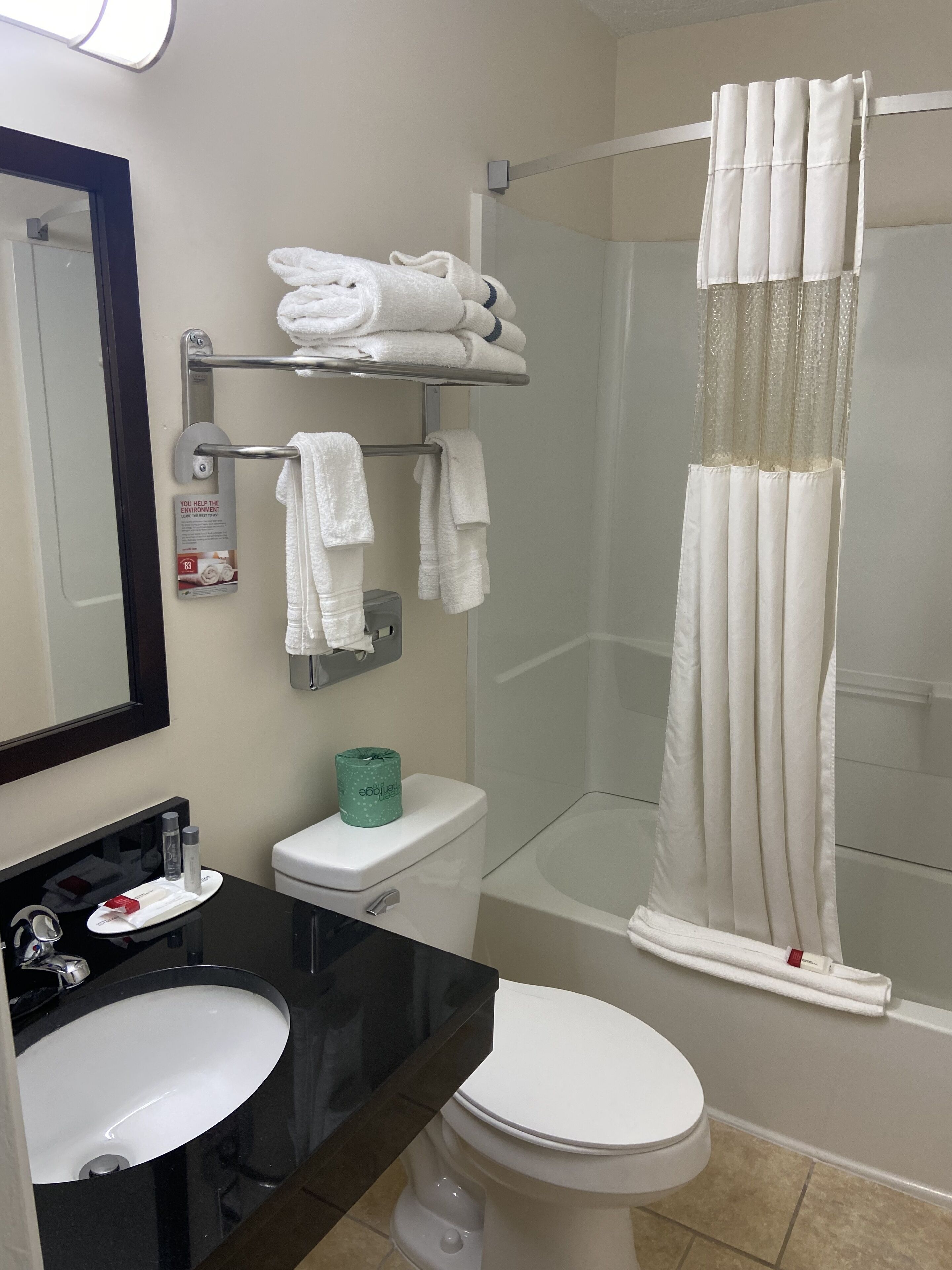 A bathroom with a toilet, sink, and shower area. There are towels on a rack and a toilet paper holder.