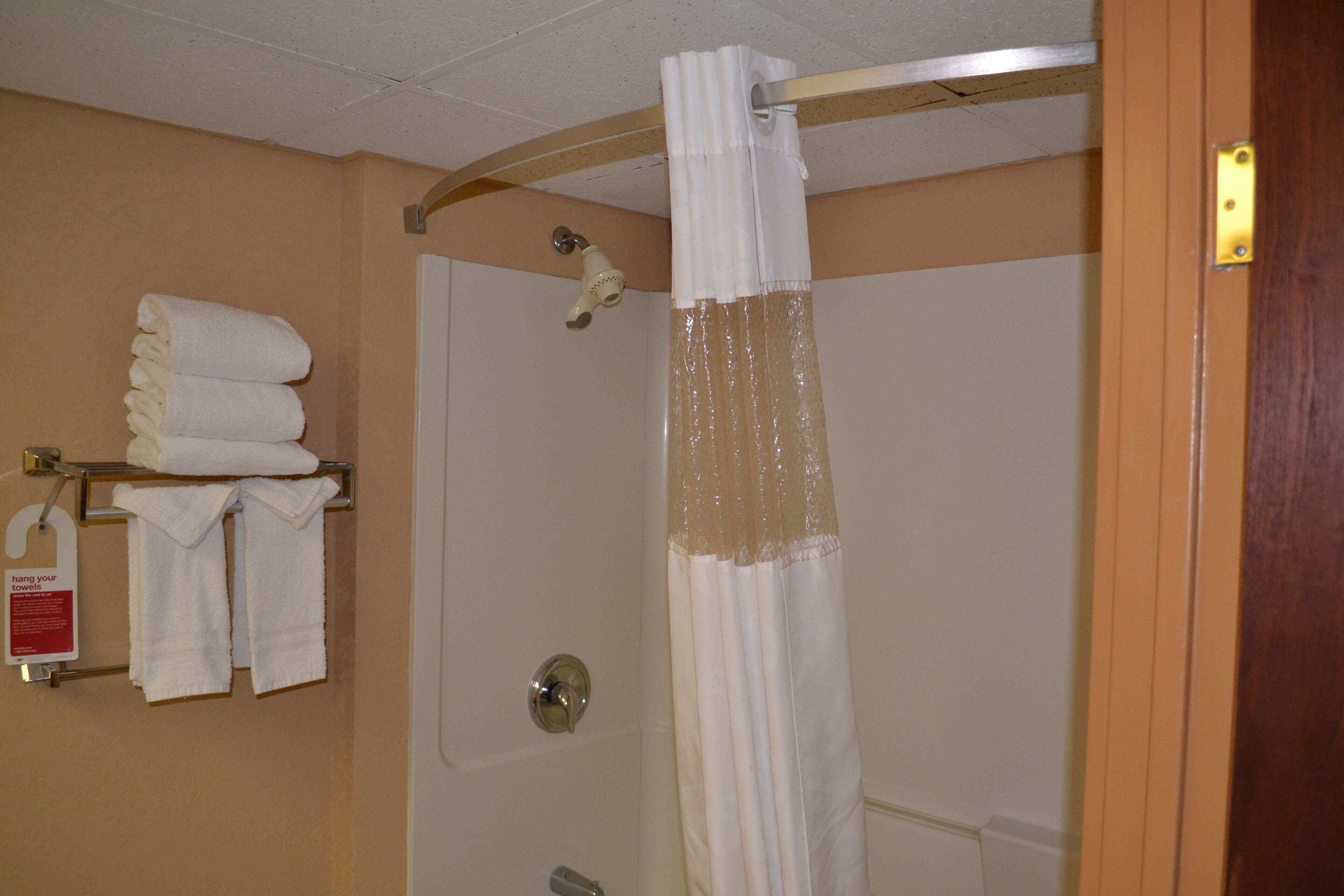 Ein Badezimmer mit Duschvorhang, Handtuchhalter und gefalteten Handtüchern sowie einer Tür.
