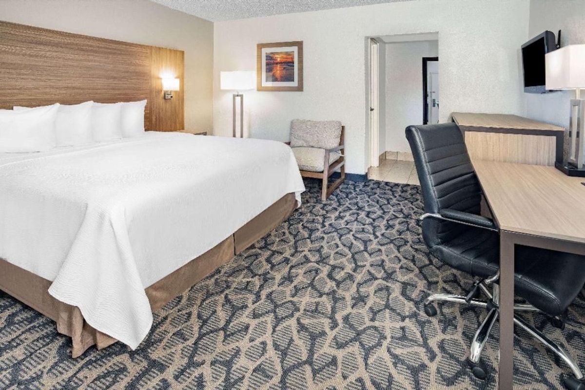 A hotel room with a large bed, a desk, a chair, and a television.