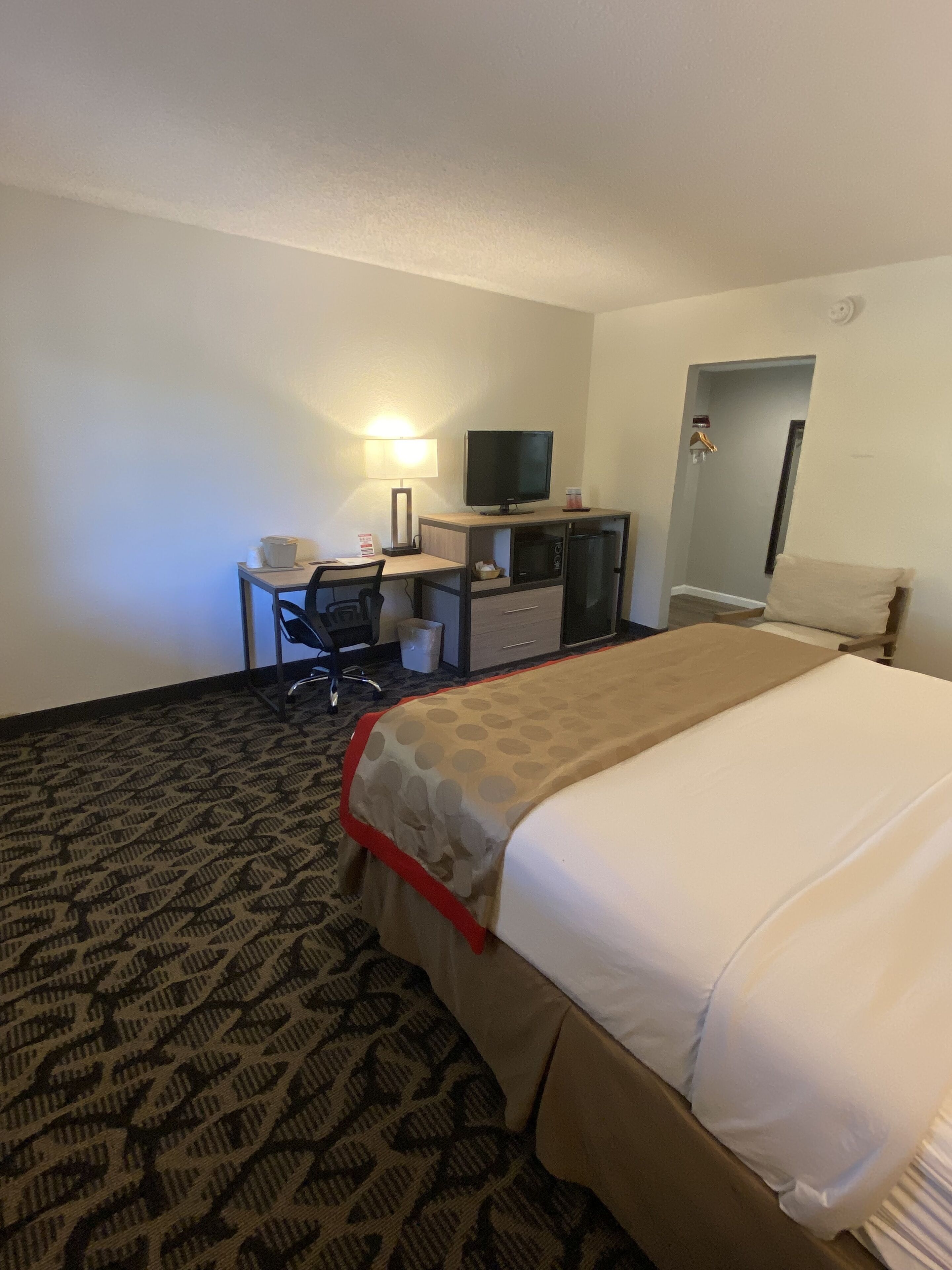 Een hotelkamer met een bed, een bureau met computer en televisie, een stoel en een deur.