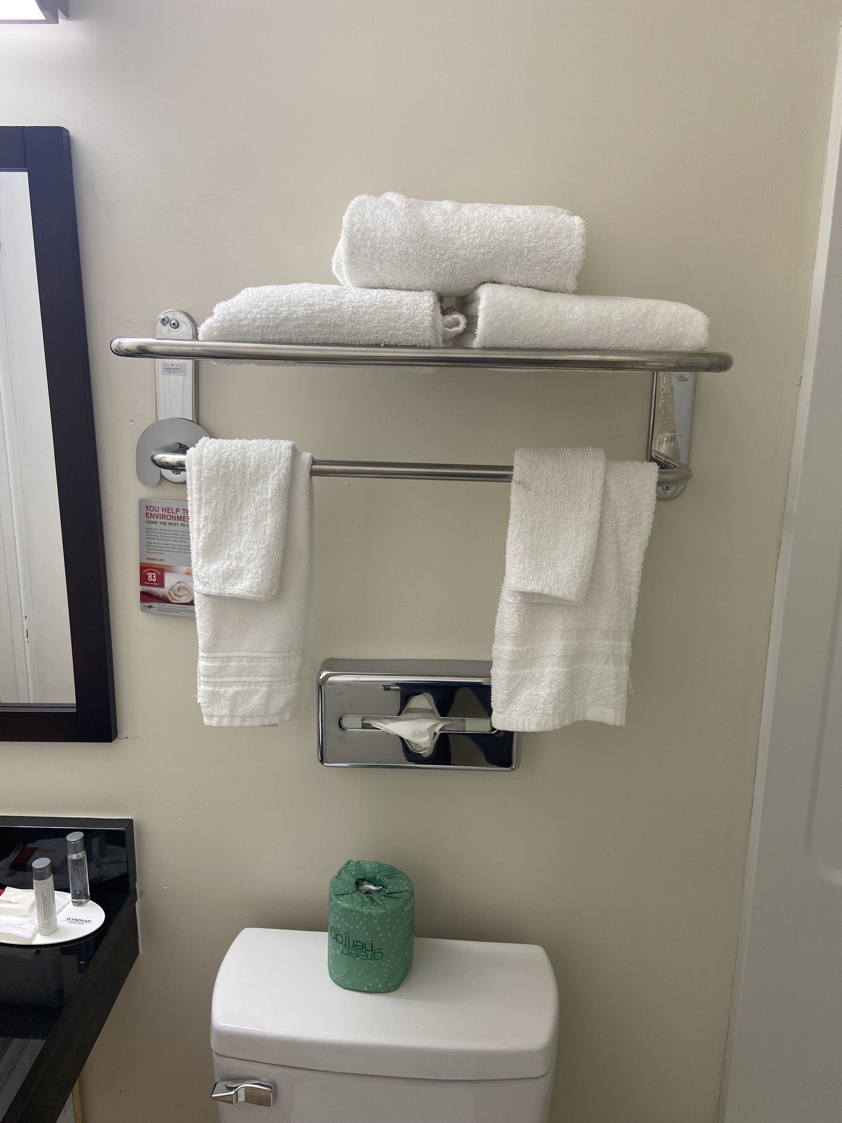 Une salle de bain comprenant des toilettes, un porte-rouleau de papier toilette vert, un porte-serviettes avec des serviettes pliées et un miroir.