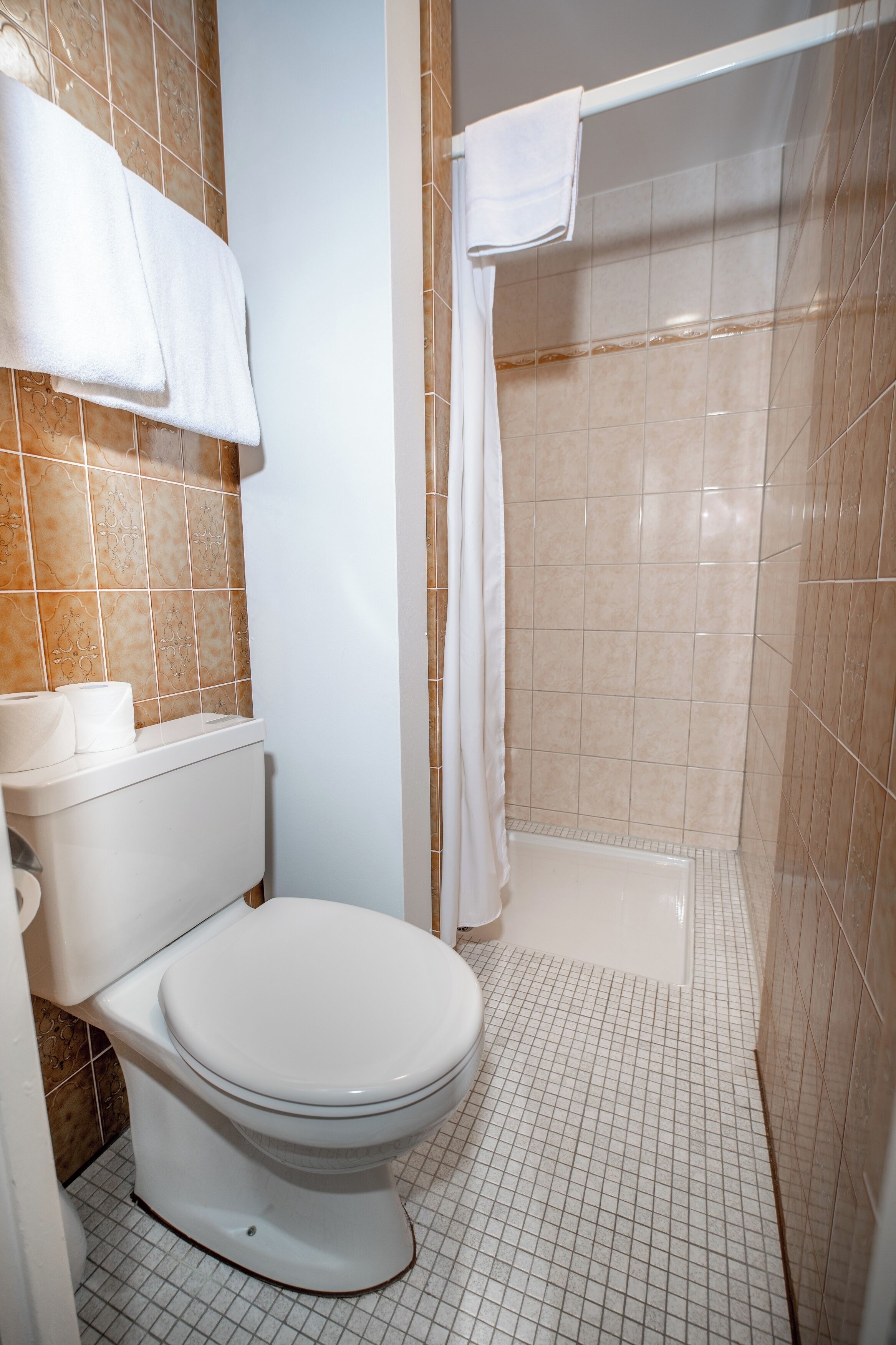 A bathroom with a toilet, a shower, and a tiled floor.