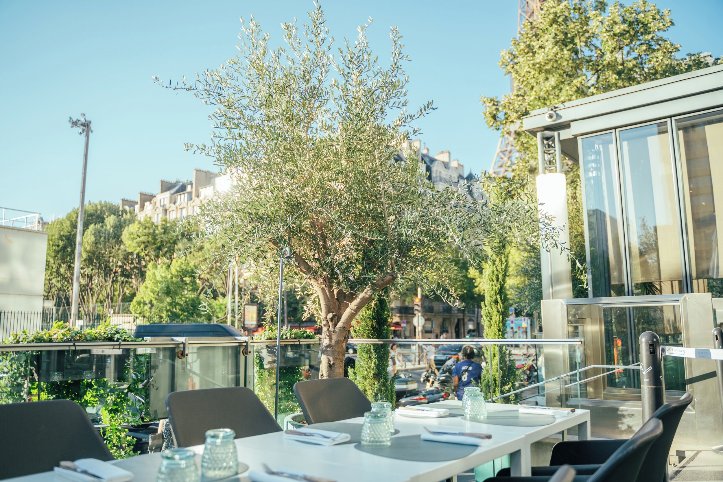 Un área de comedor al aire libre con mesas, sillas y un árbol.