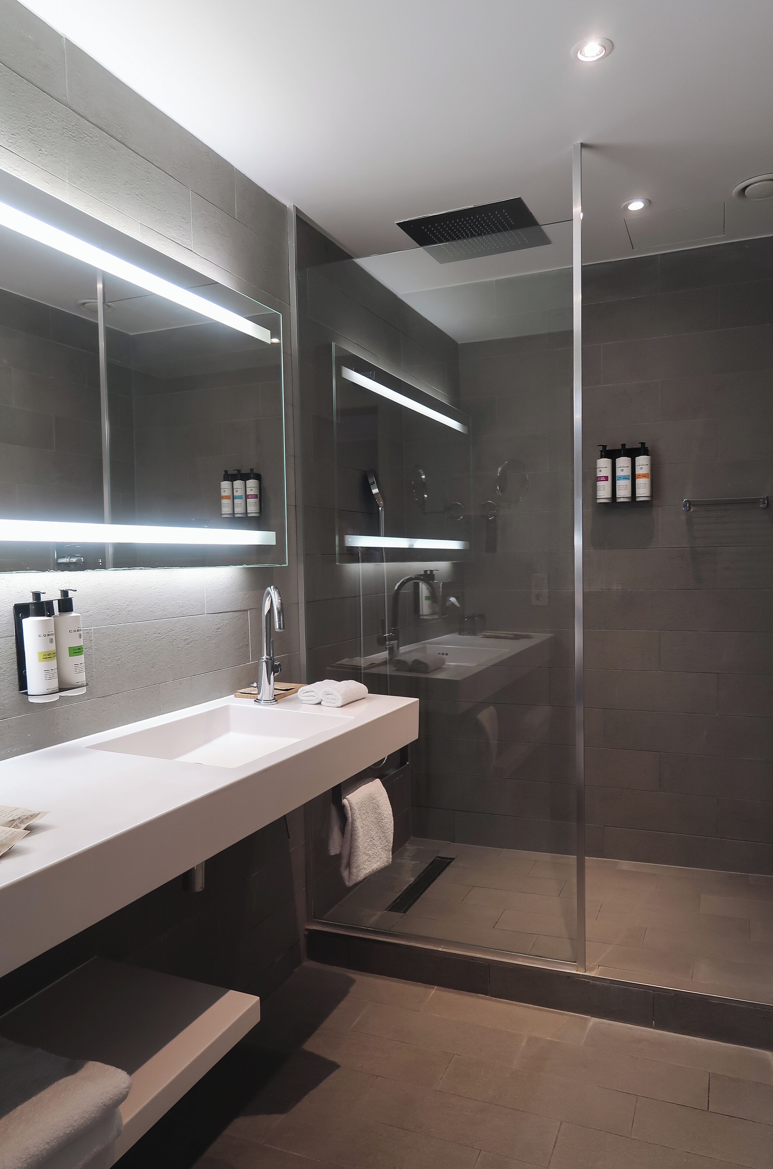 A modern bathroom with a glass-enclosed shower, a large mirror, and a white sink.