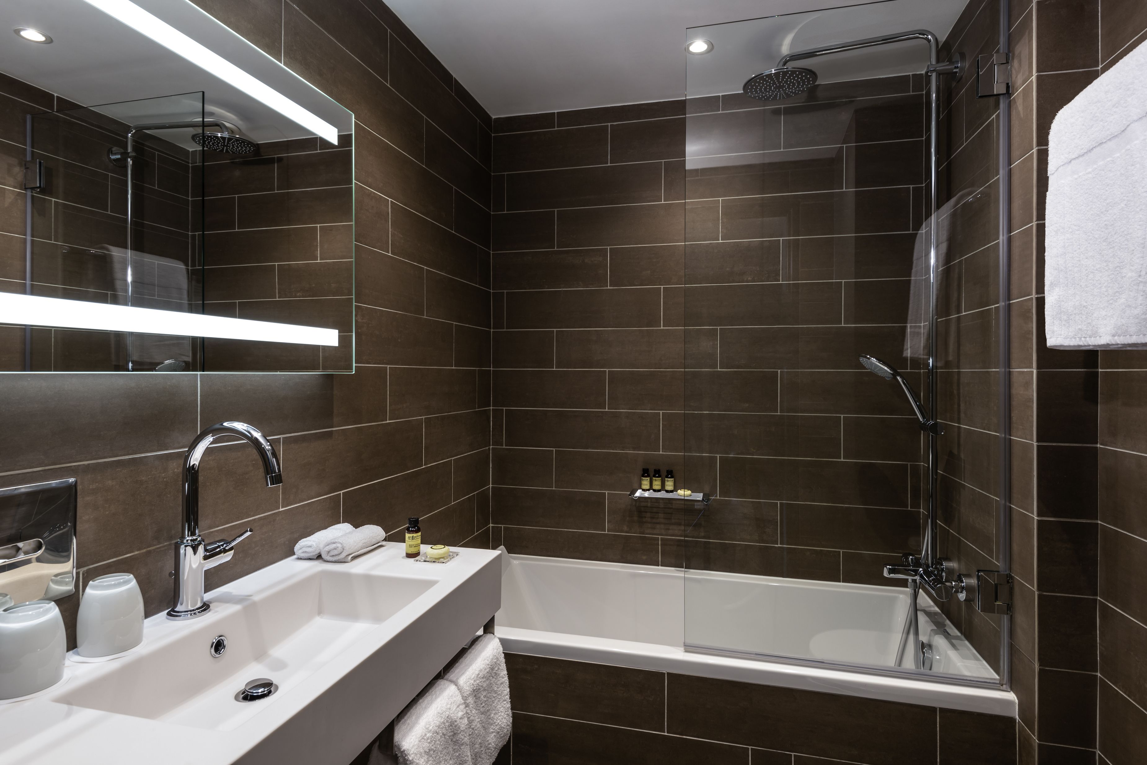 rainfall showerhead, eco-friendly toiletries, hair dryer, bathrobes