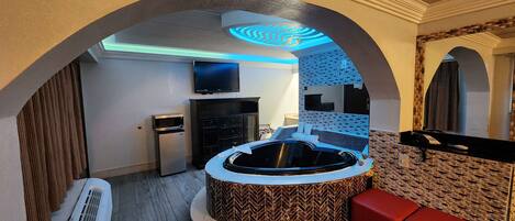 Desk, laptop workspace, blackout curtains, iron/ironing board