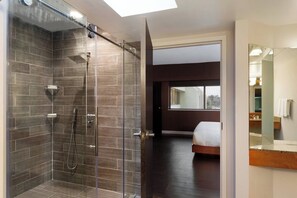 Designer toiletries, hair dryer, towels