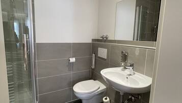 A modern bathroom with a glass shower enclosure, a toilet, and a sink with a mirror above.