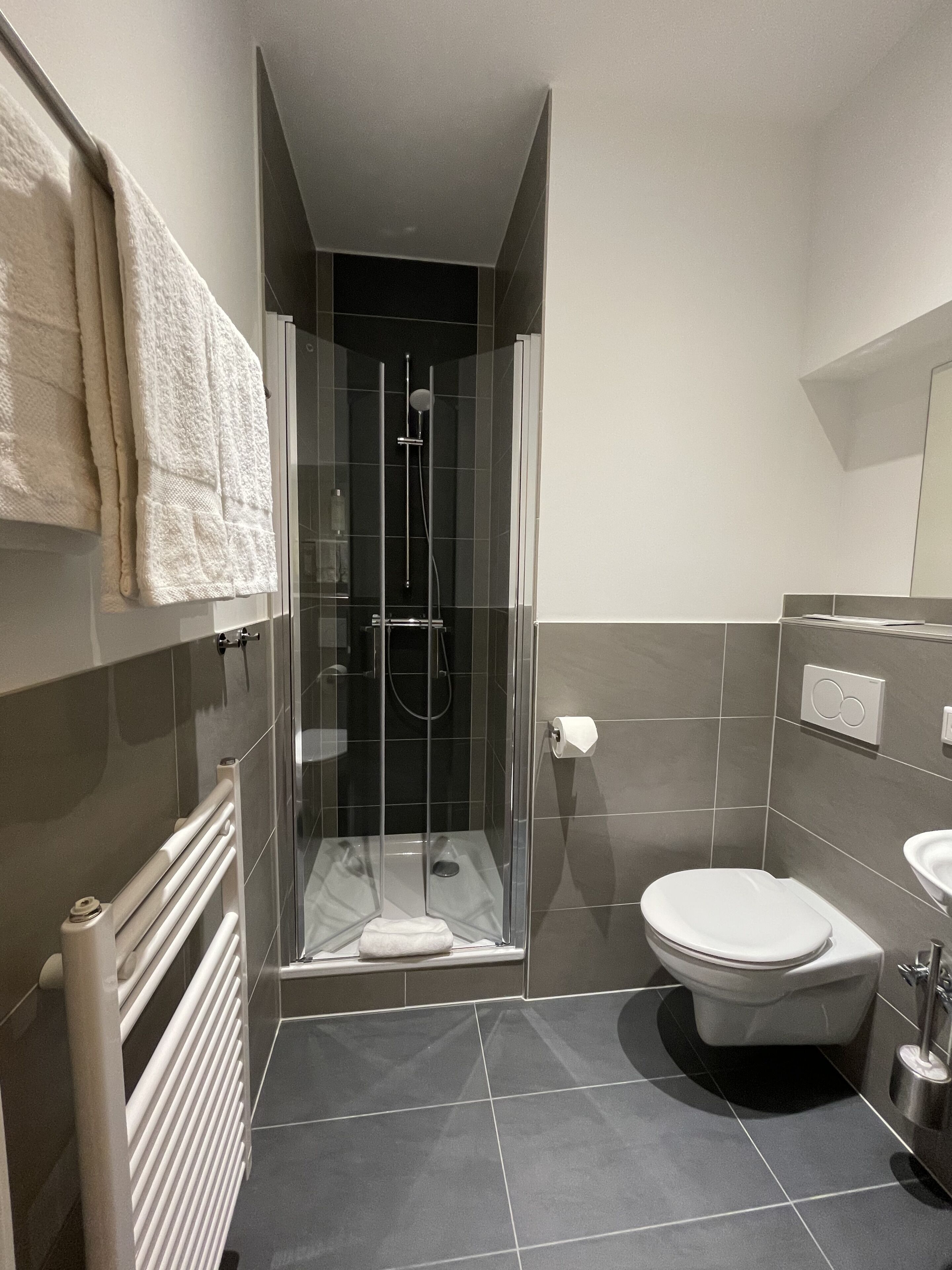 Une salle de bain moderne avec une douche à parois de verre, des toilettes et un lavabo.