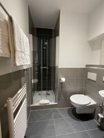 Un bagno moderno con doccia vetrata, un WC e un lavandino.