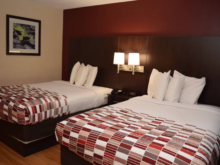 Two twin beds with red and white checkered bedding, a nightstand with a lamp, and a framed picture on the wall.