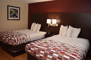 Two twin beds with red and white checkered bedding, a nightstand with a lamp, and a framed picture on the wall.