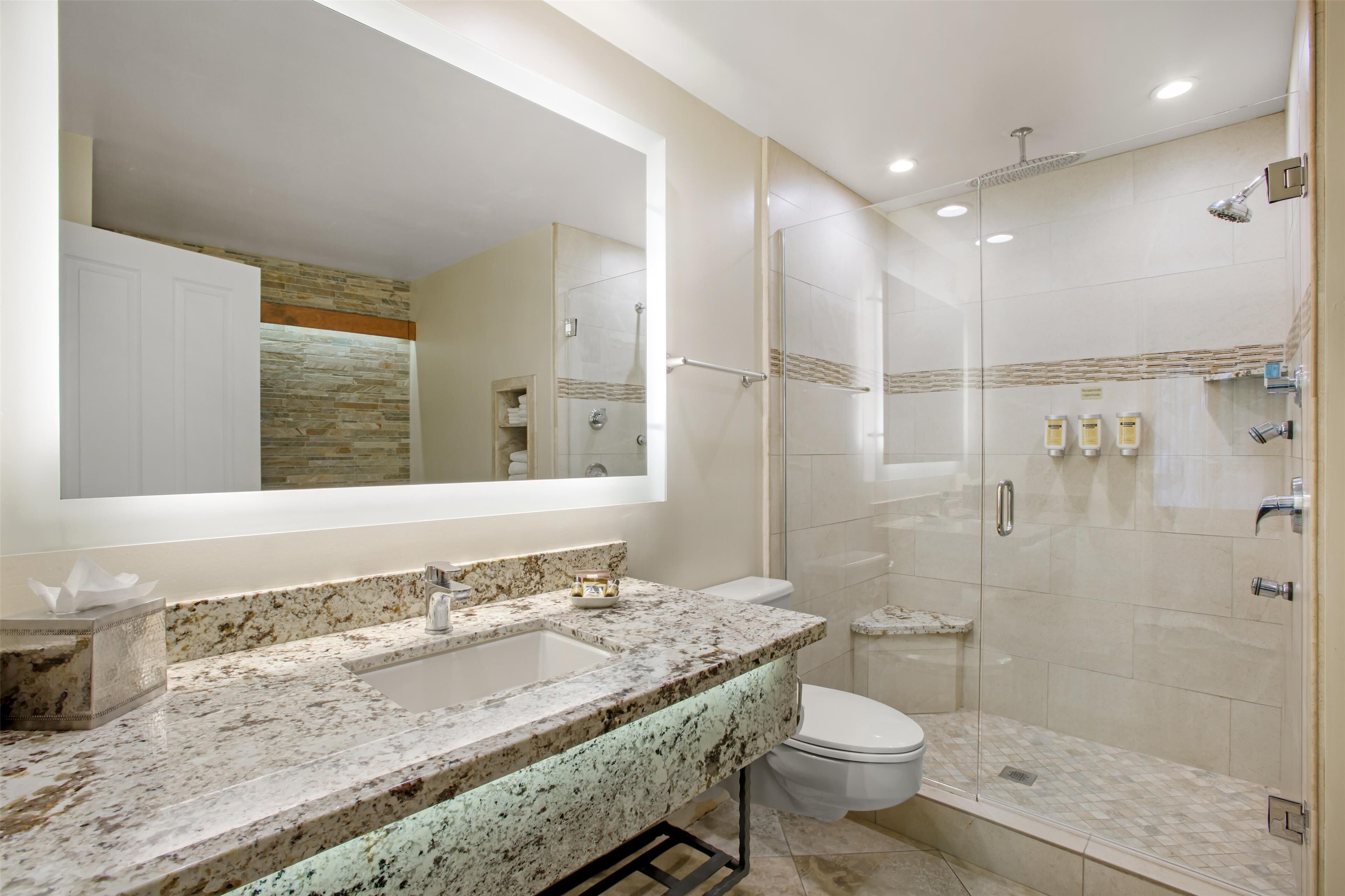A modern bathroom with a granite countertop sink, a large mirror, a glass-enclosed shower, and a toilet.