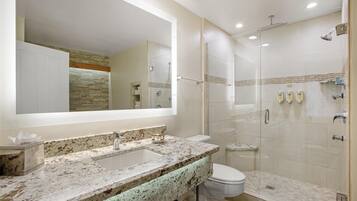 A modern bathroom with a granite countertop sink, a large mirror, a glass-enclosed shower, and a toilet.