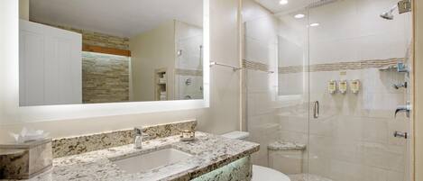 Un bany modern amb un lavabo de superfície de granit, un mirall gran, dutxa amb envàs de vidre i un vàter.