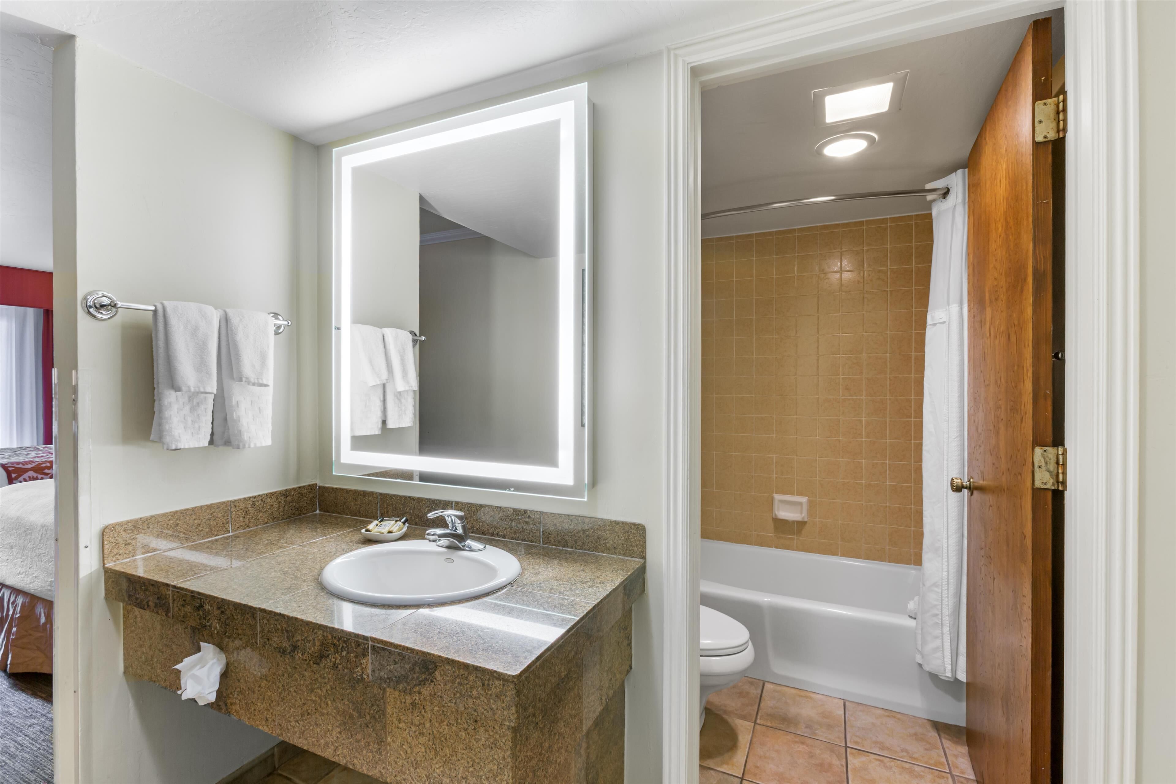 A bathroom with a granite countertop sink, a mirror, and a shower area.