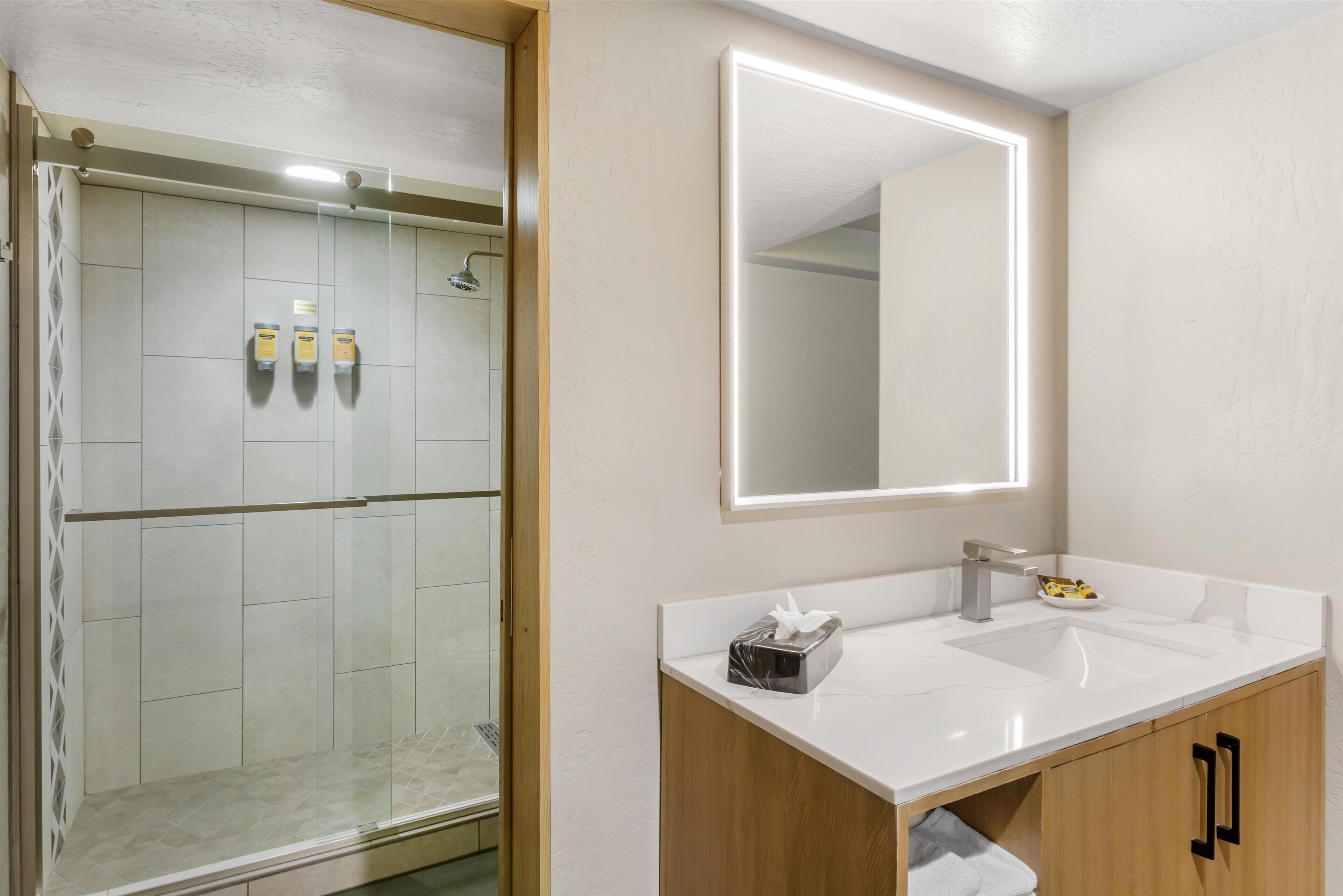 Habitación estándar, 2 camas de matrimonio, no fumadores (Walk-in Shower, No View) | Baño | Artículos de higiene personal gratuitos, secador de pelo y toallas