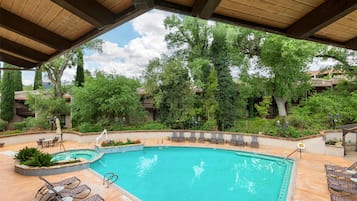 Indoor pool, outdoor pool, pool umbrellas, sun loungers