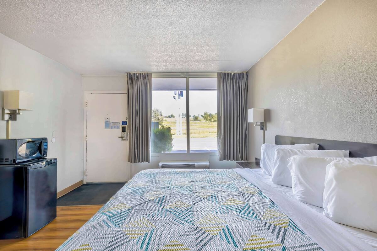 A hotel room with a bed, a desk with a microwave, a heater, and a view of the outdoors.
