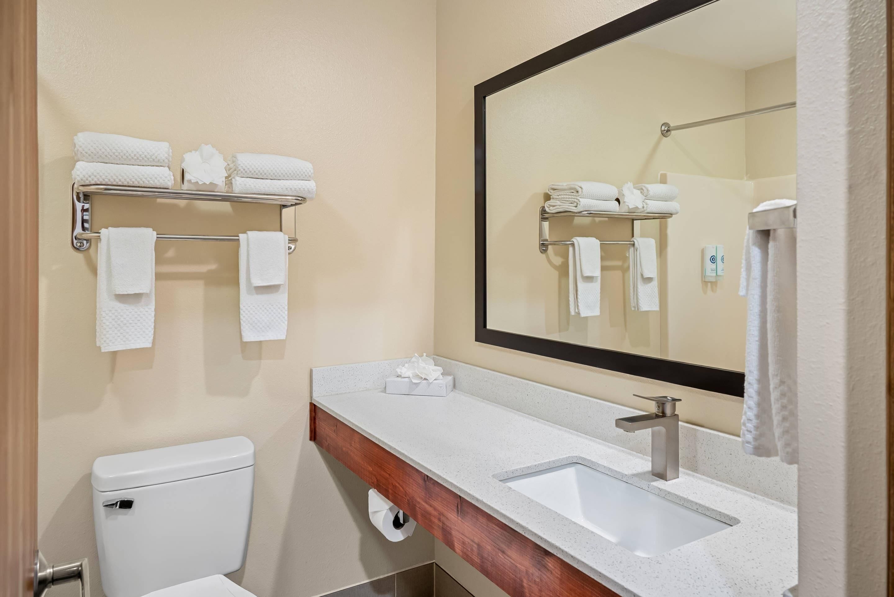 Un baño con inodoro, lavamanos y perchero para toallas.