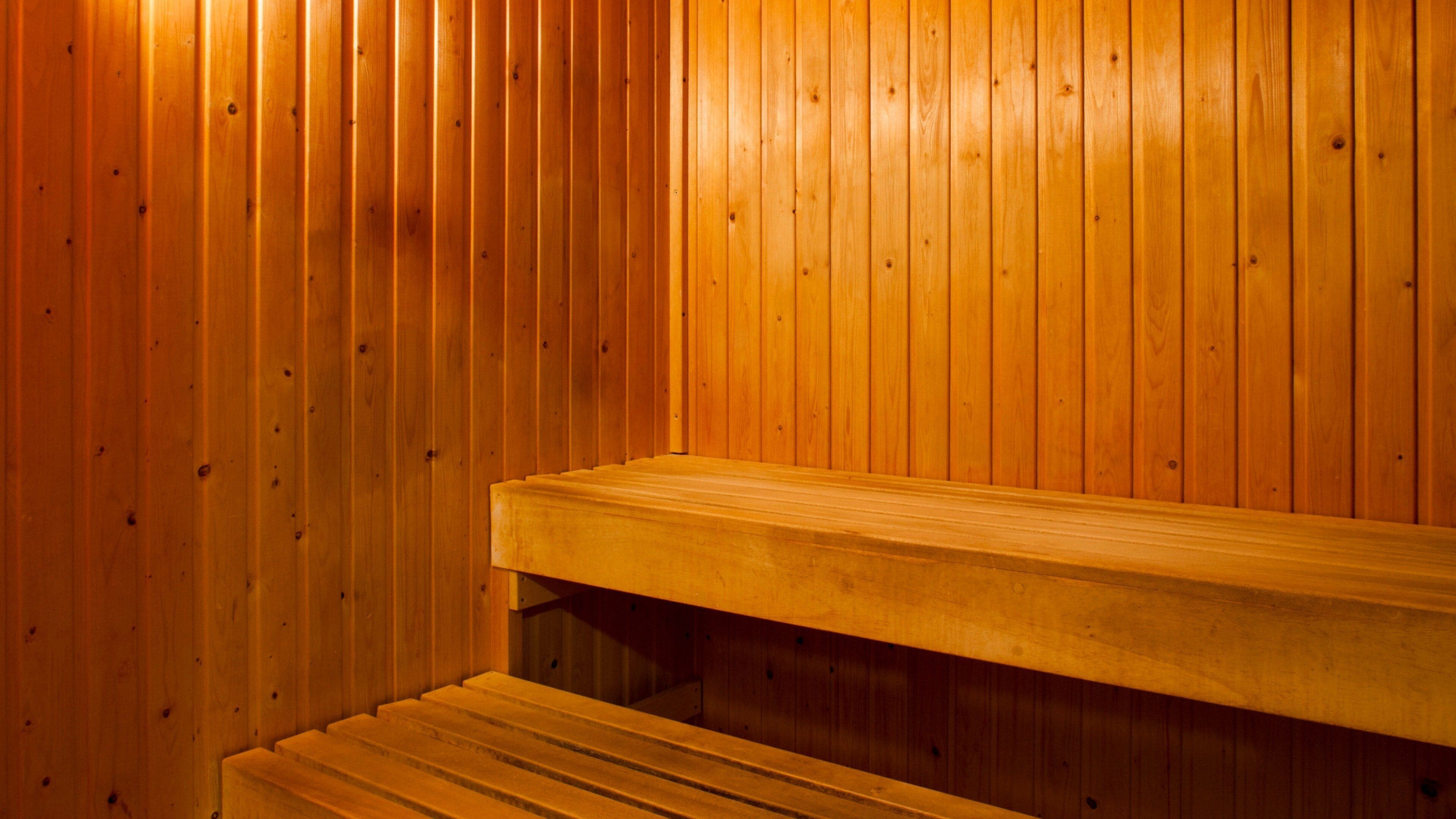 Una sauna de madera con bancos y techo inclinado.