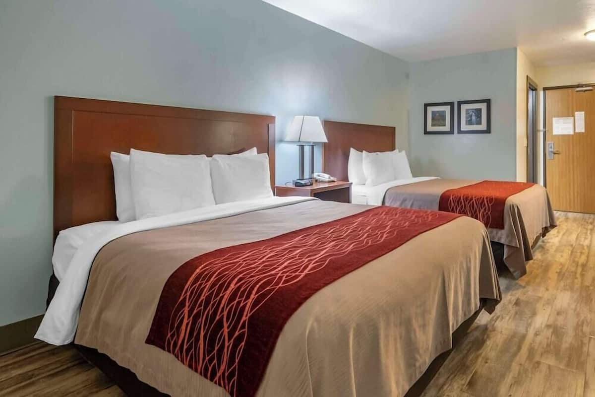 Ein Hotelzimmer mit zwei Betten, jeweils mit einem Holzkopfende, weißer Bettwäsche und einer rot gemusterten Tagesdecke. Ein Nachttisch mit Lampe und Telefon steht bereit, an der Wand befinden sich zwei gerahmte Bilder.