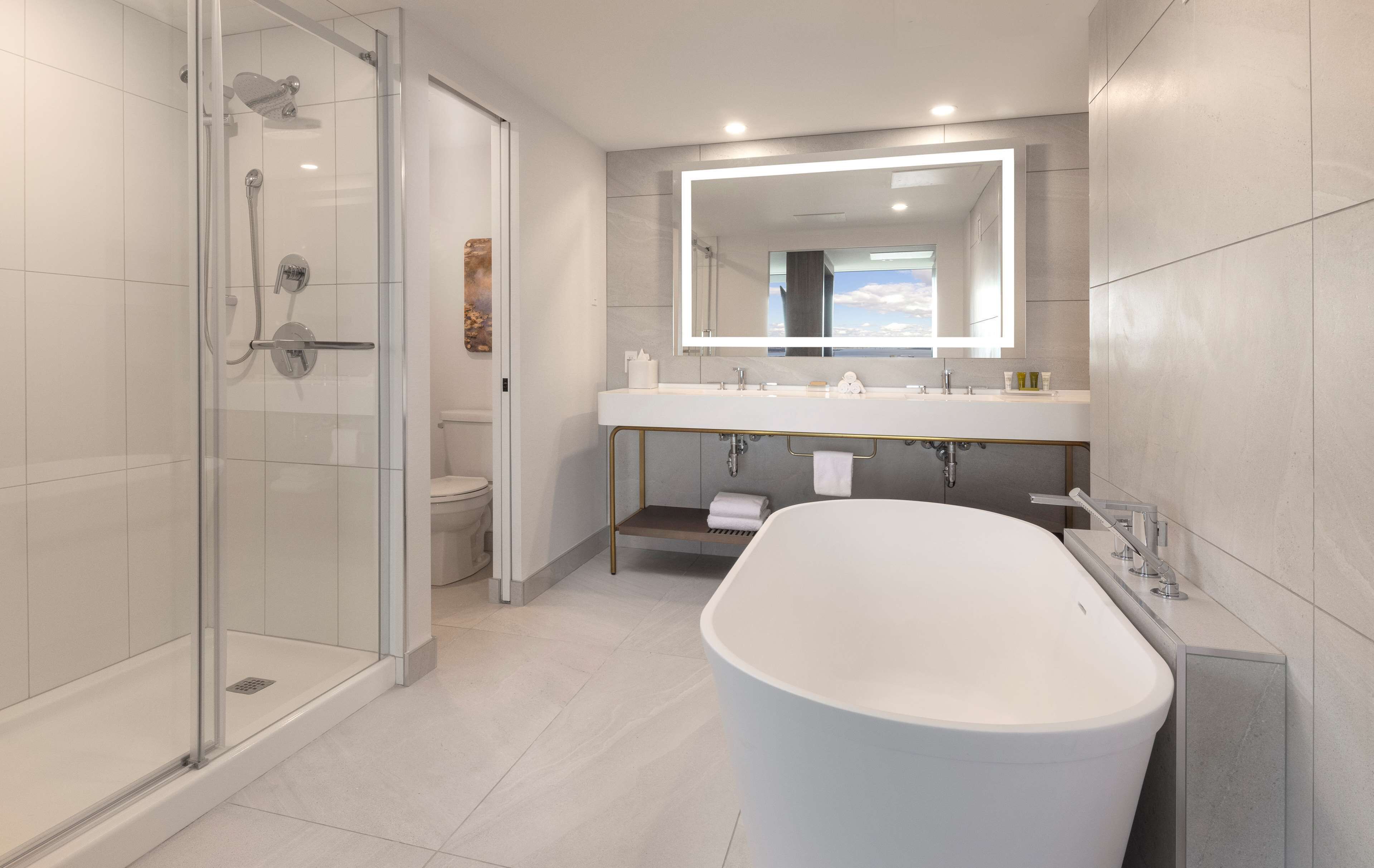 signature suite (panoramique) | bathroom | combined shower/bathtub, eco-friendly toiletries, hair dryer, towels