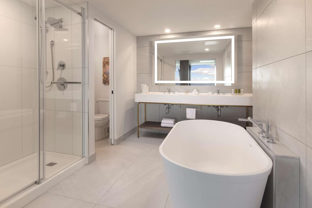 signature suite (panoramique) | bathroom | combined shower/bathtub, eco-friendly toiletries, hair dryer, towels