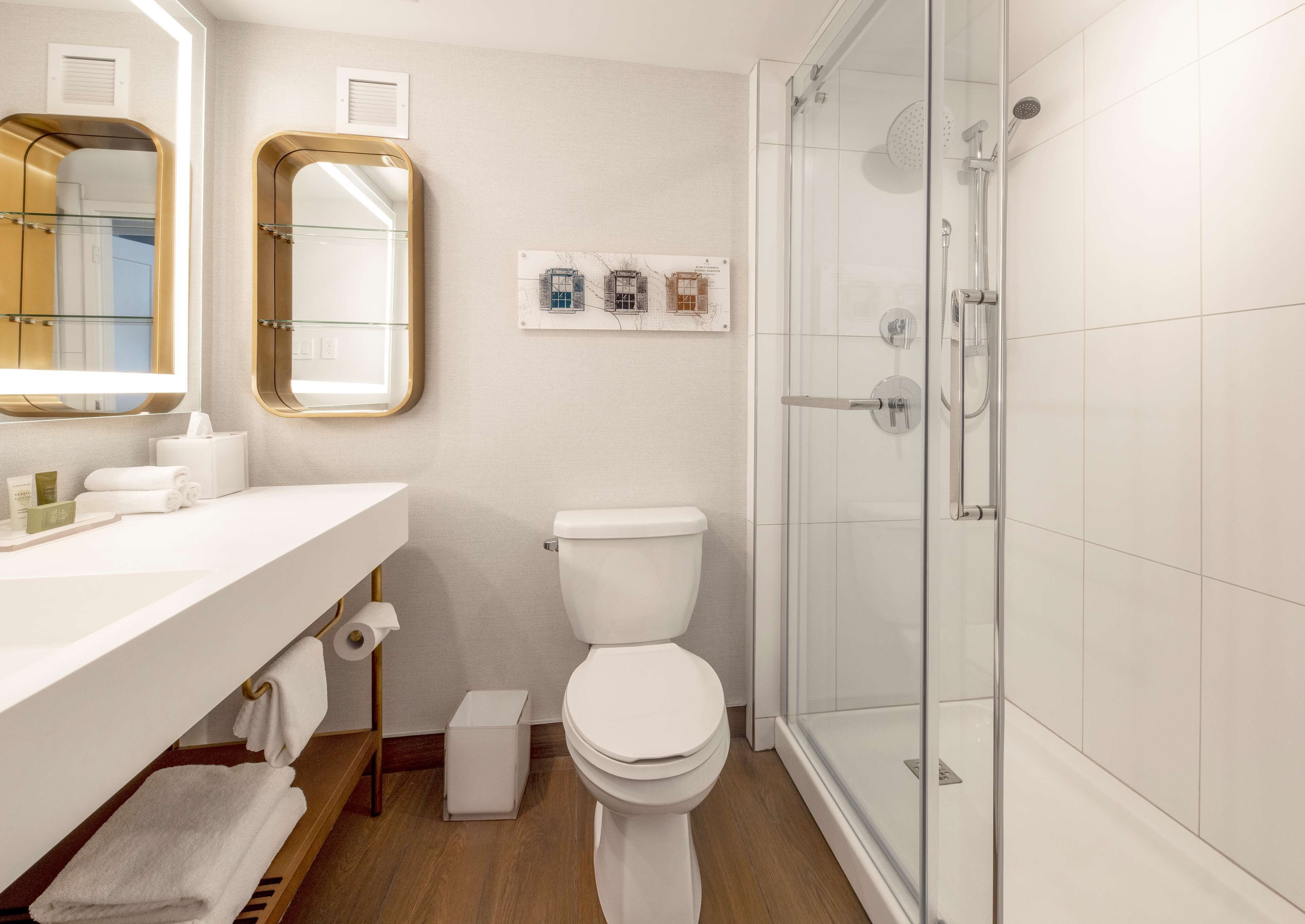 Un baño moderno con ducha de vidrio, inodoro blanco y tocador con espejo y toallero.