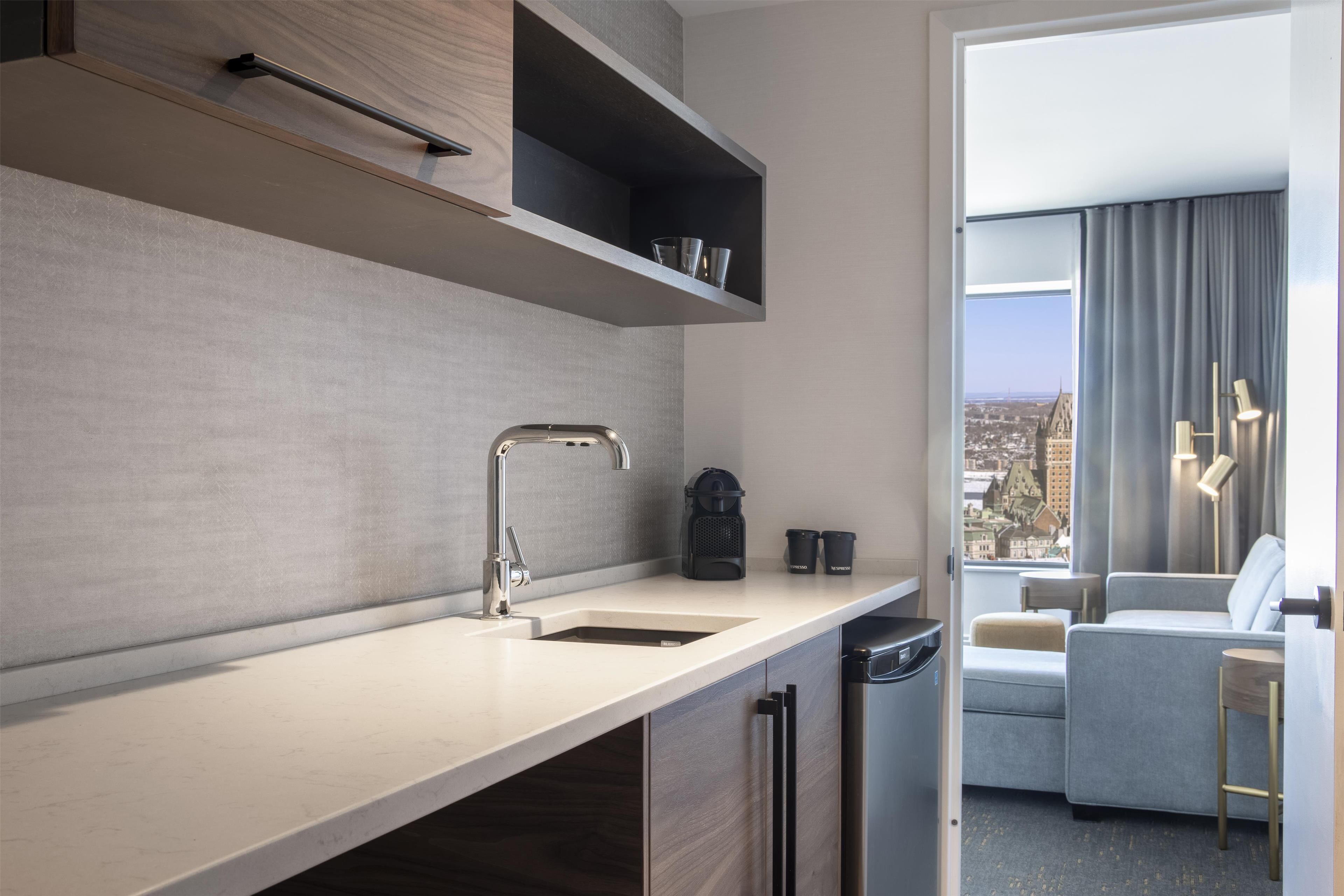 fridge, microwave, espresso maker, coffee/tea maker