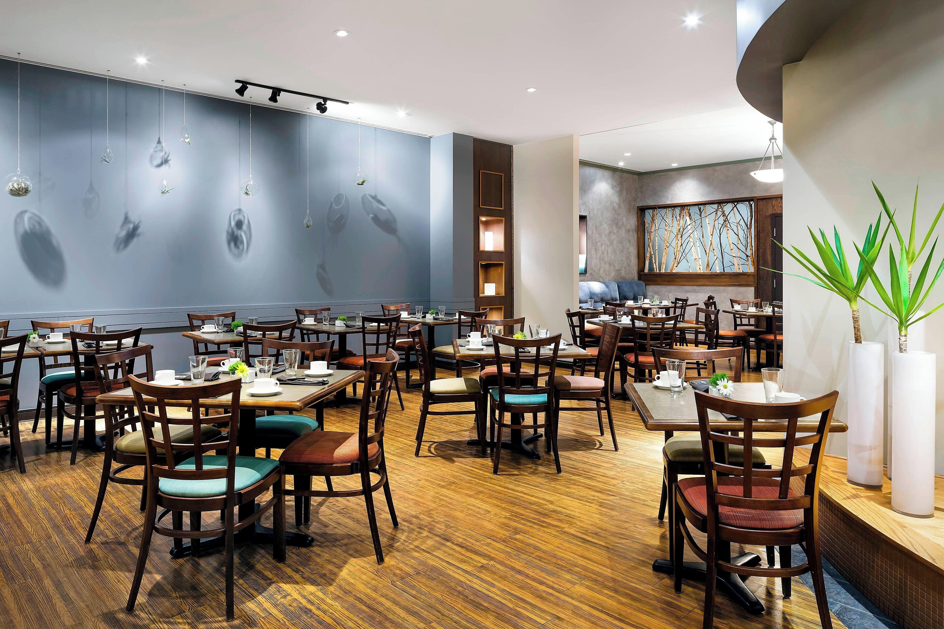 A restaurant with multiple tables and chairs, wooden flooring, and a blue wall with hanging lights.