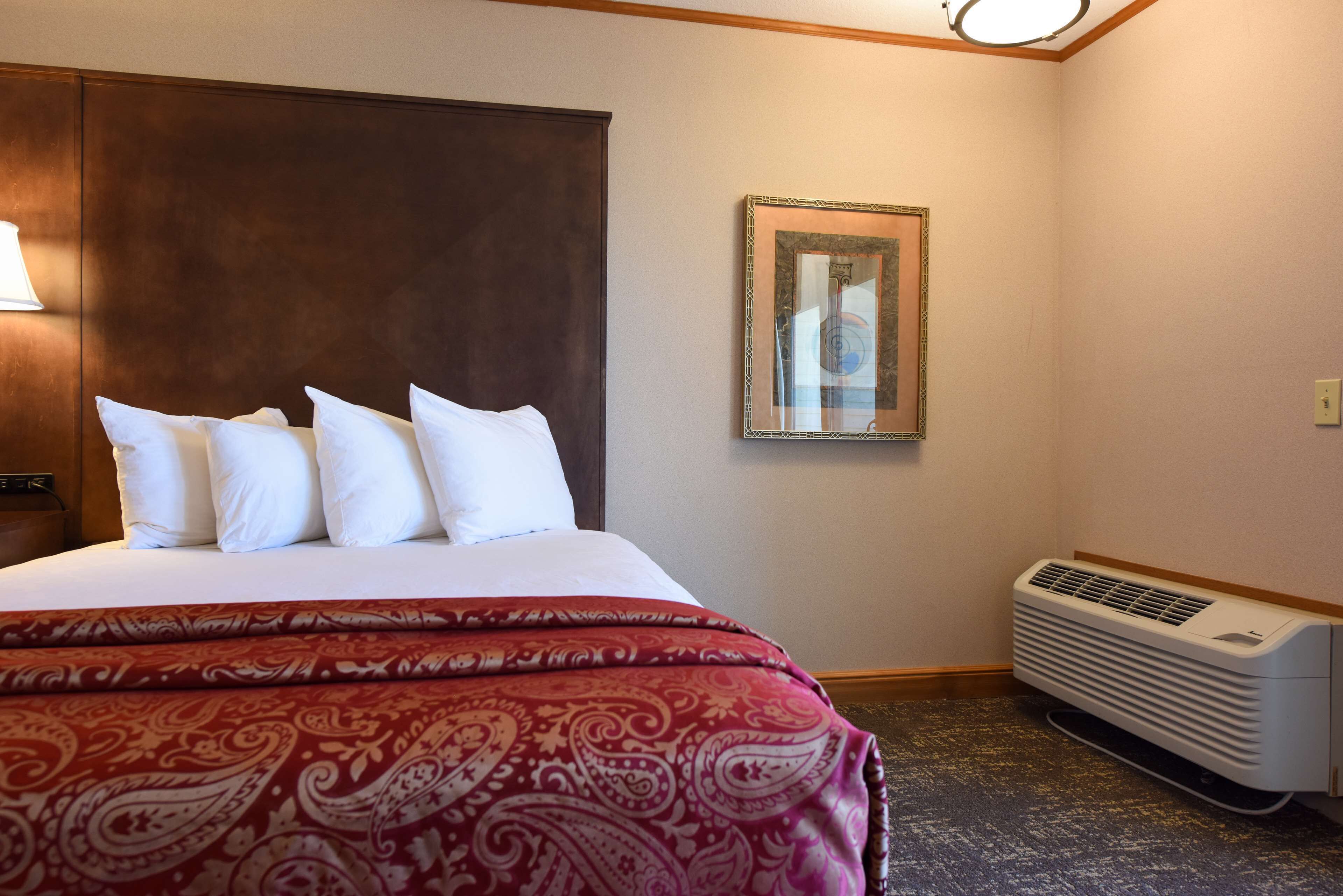 Une chambre d’hôtel avec un lit, un climatiseur fixé au mur et un tableau encadré accroché au mur.