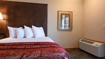 Une chambre d’hôtel avec un lit, un climatiseur fixé au mur et un tableau encadré accroché au mur.