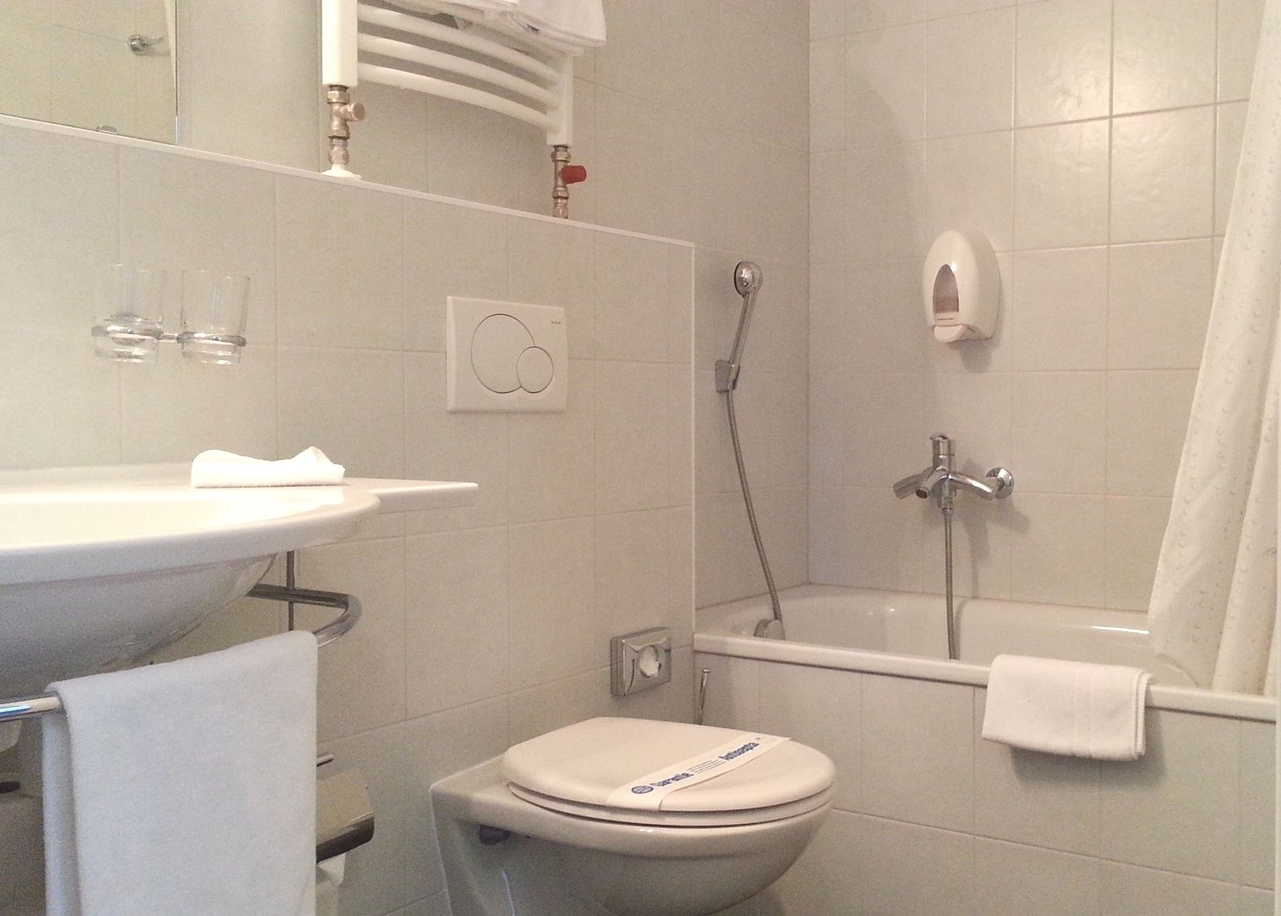 A bathroom with a toilet, sink, and shower.