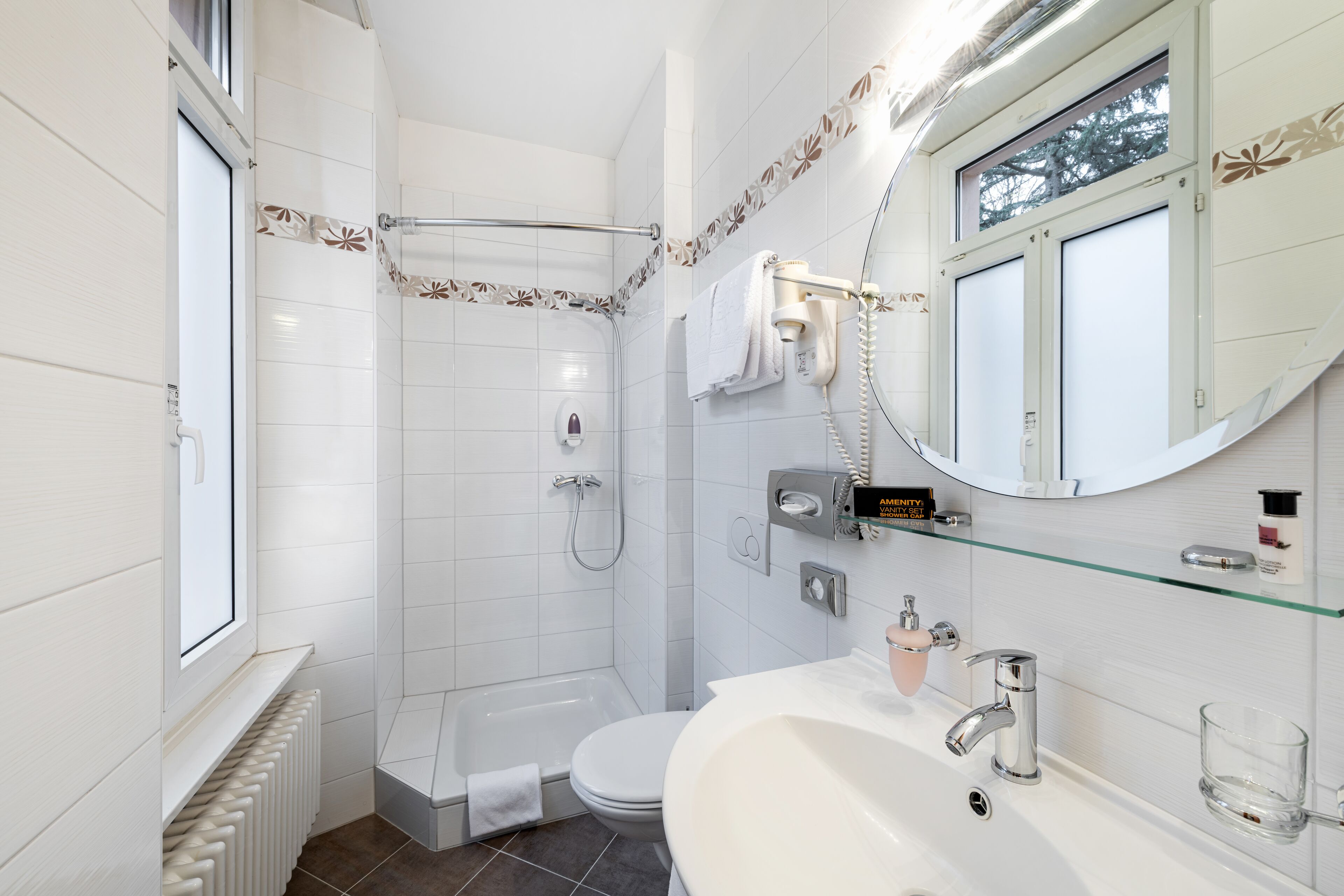 free toiletries, hair dryer, towels