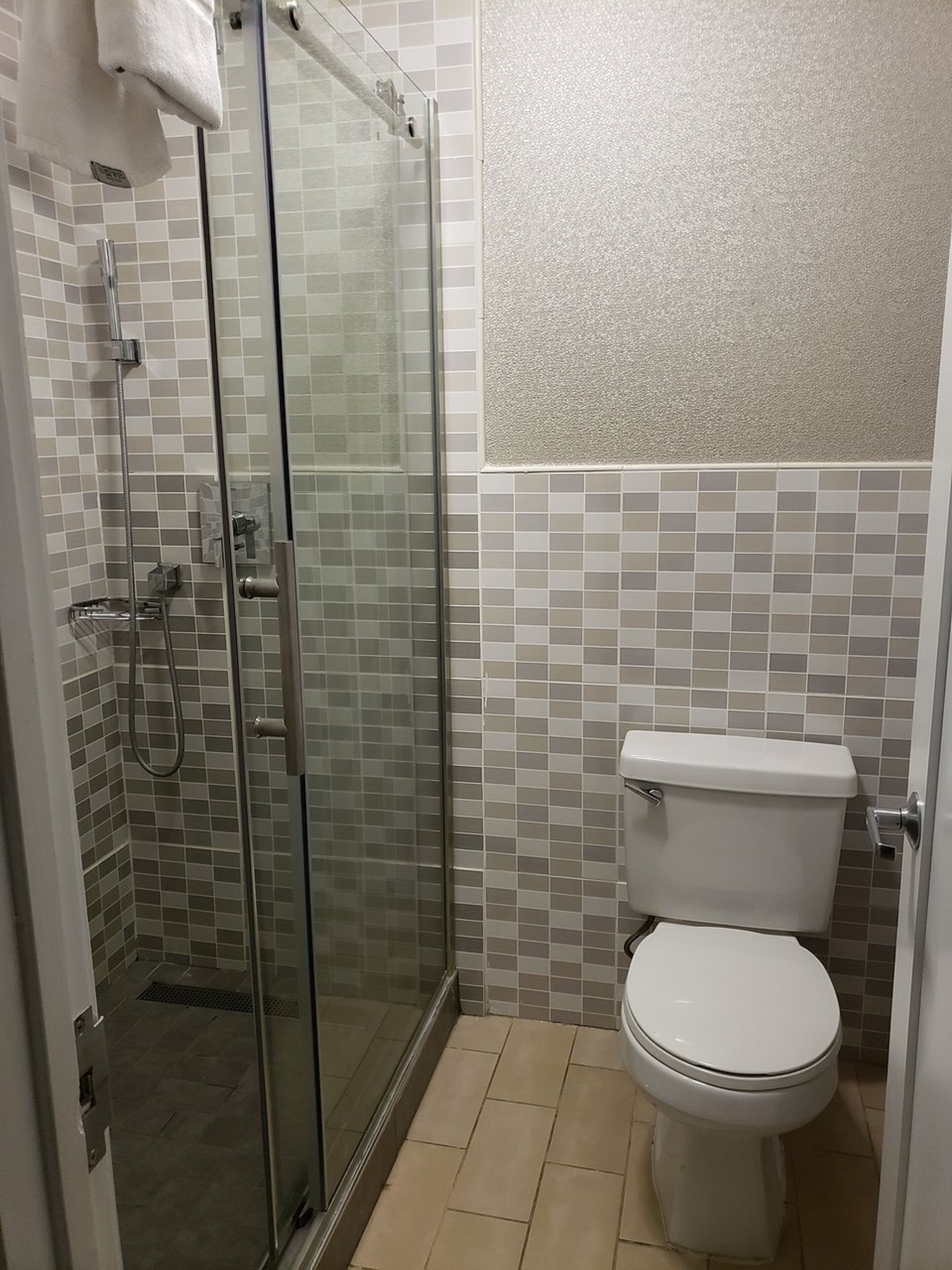 Shower, free toiletries, hair dryer, towels