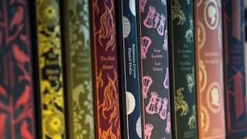 A row of books with various titles and authors on a shelf.