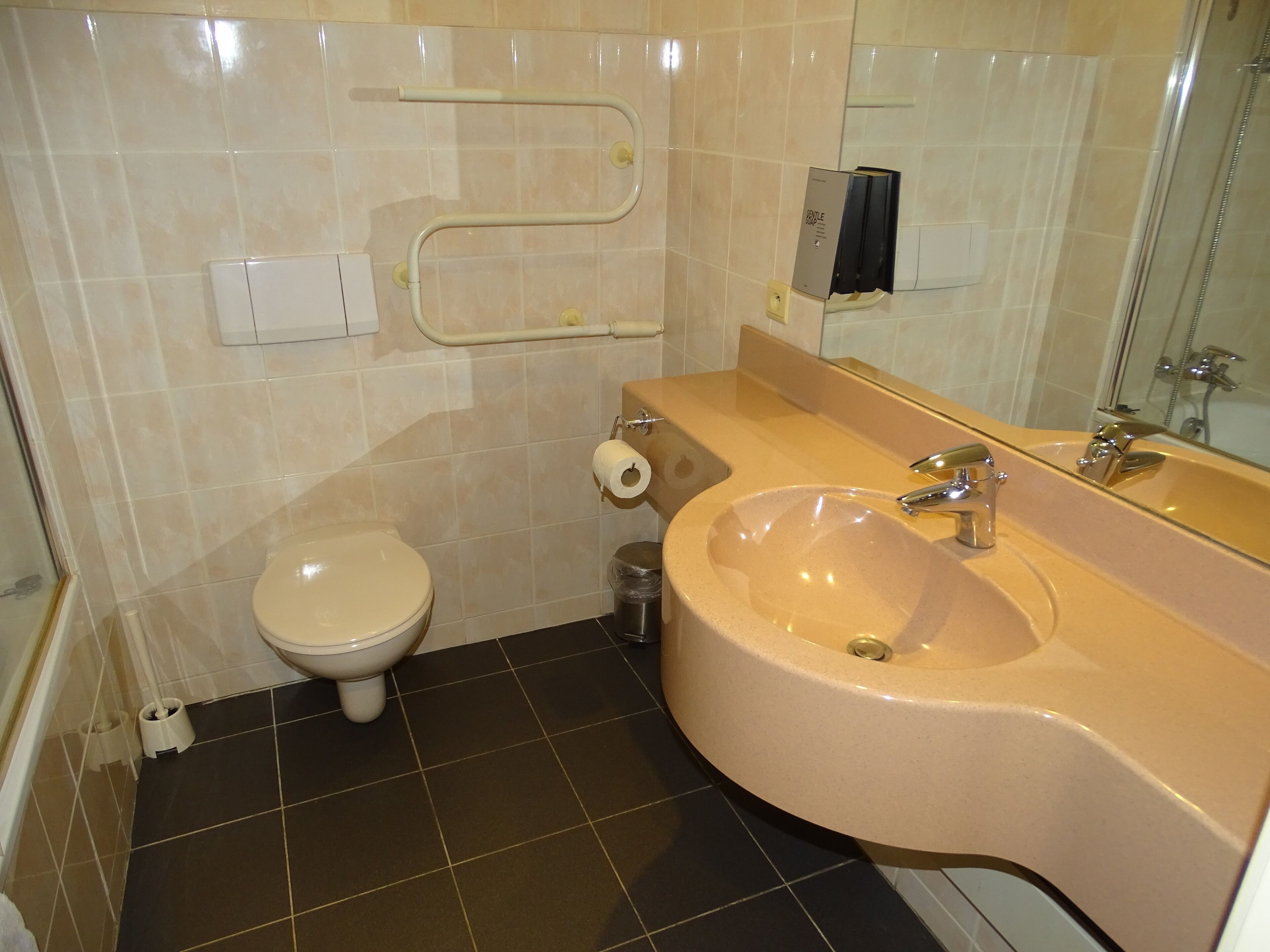 Un baño con inodoro, lavabo, espejo y barras de apoyo.