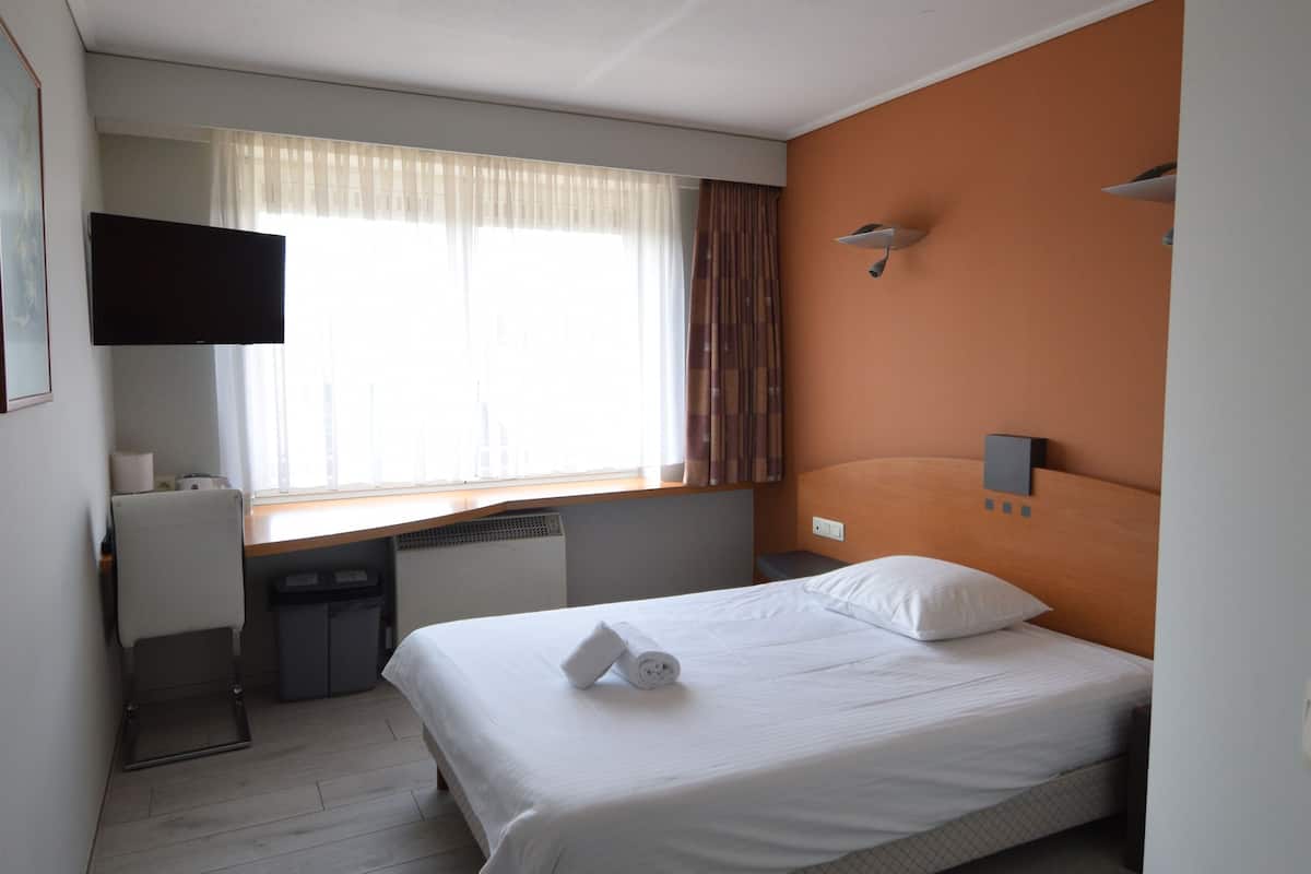 A hotel room with a bed, a desk, a chair, a TV, and a window with curtains.