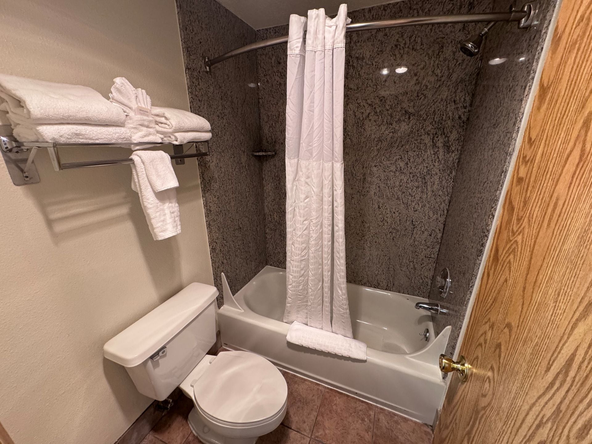 A bathroom with a bathtub, toilet, and shower curtain.