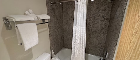 A bathroom with a toilet, a bathtub, and a shower curtain.
