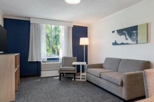 Una habitación de hotel con sofá, sillón y una mesita.
