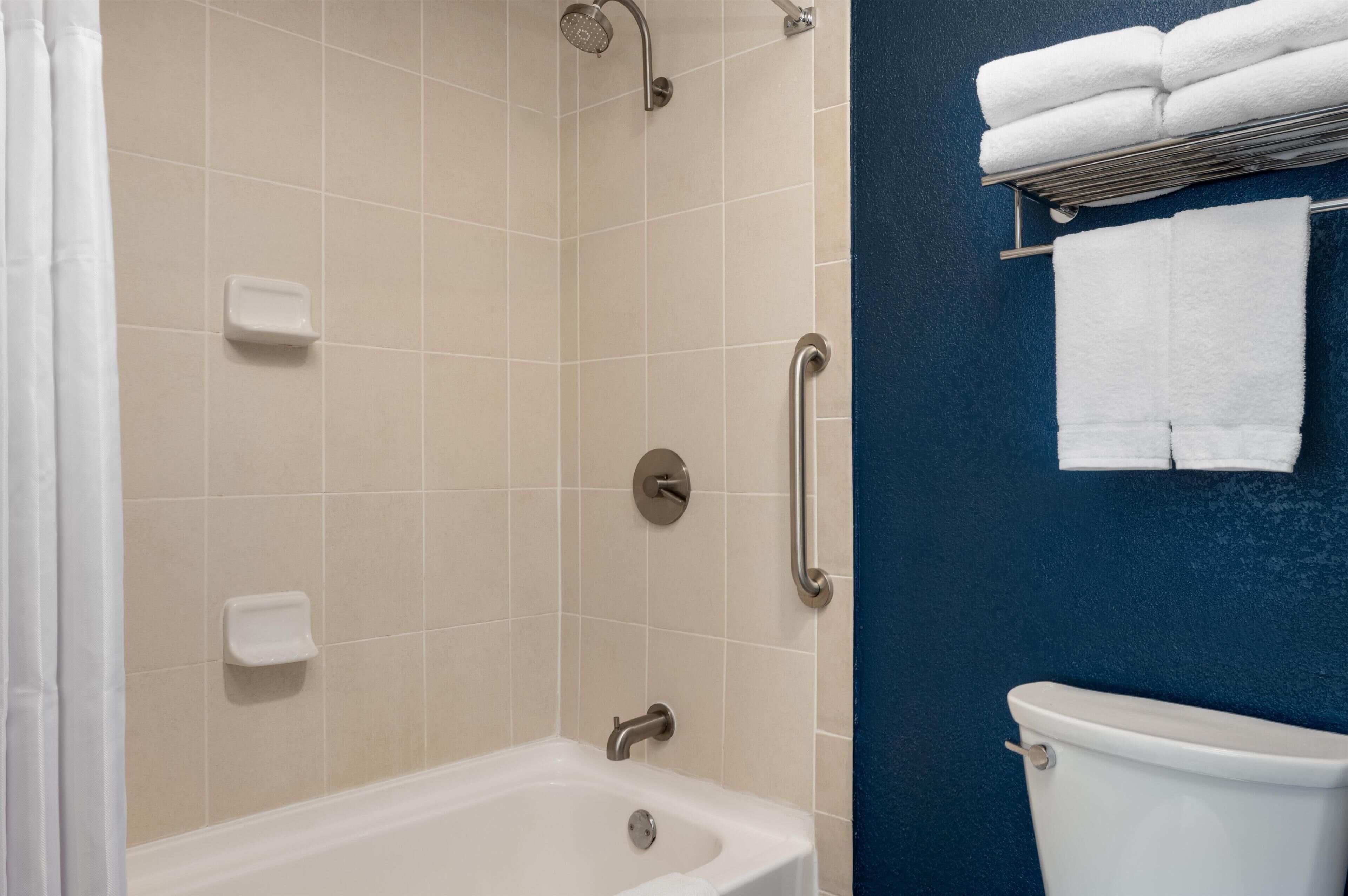 A bathroom with a bathtub, a toilet, a shower, and a towel rack with towels.