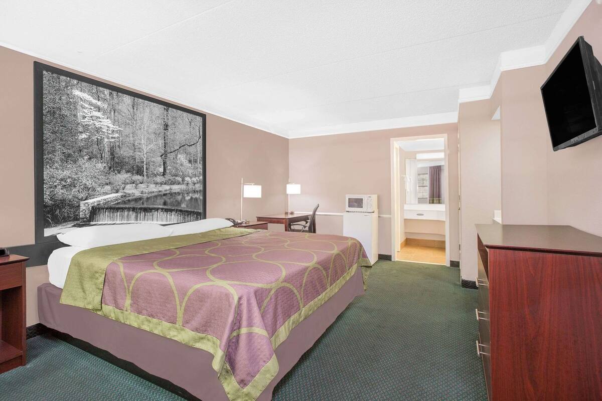 A hotel room with a bed, a desk, a chair, a TV, and a large window with a view of trees.