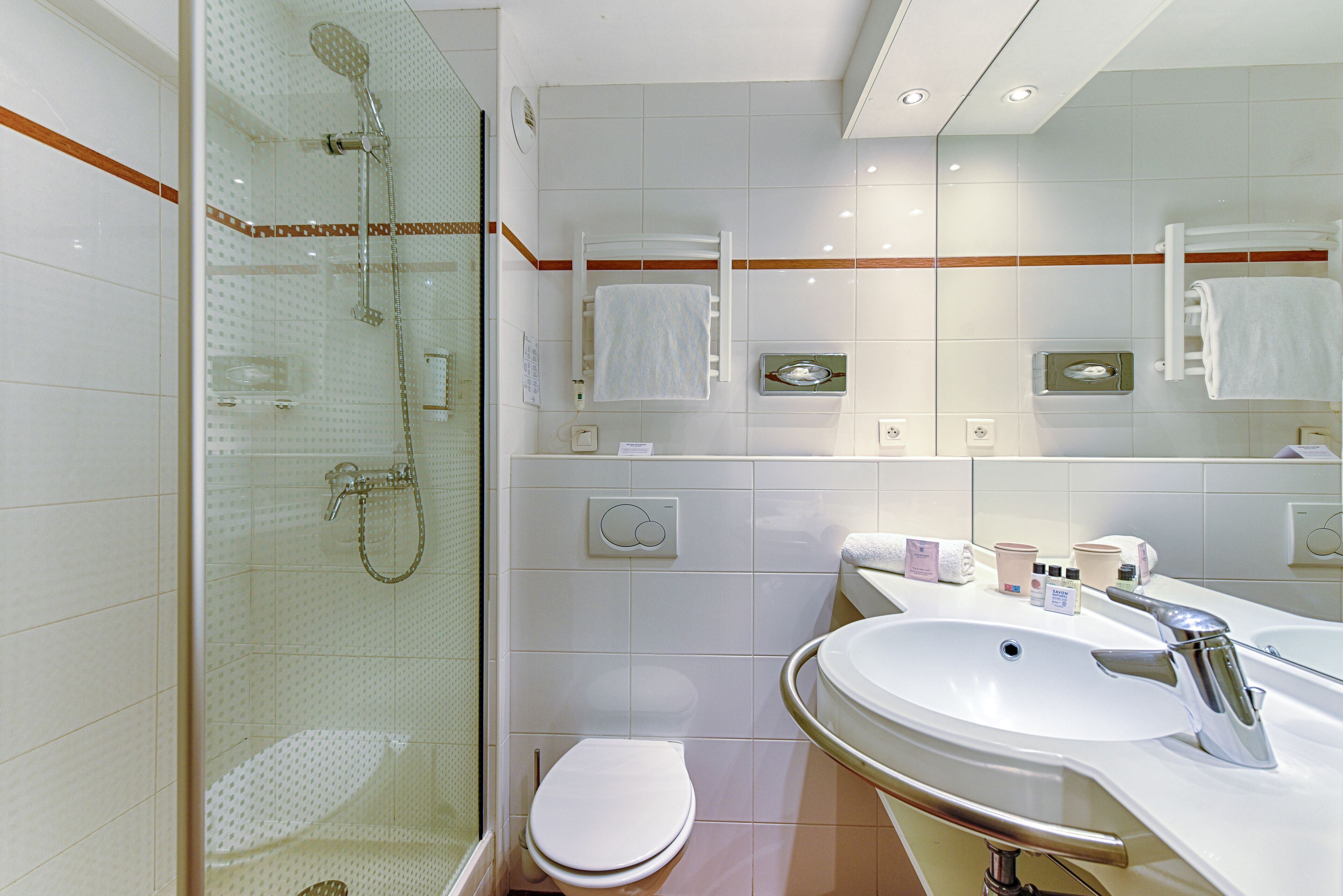 A modern bathroom with a glass-enclosed shower, a white toilet, and a vanity with a sink and mirror.