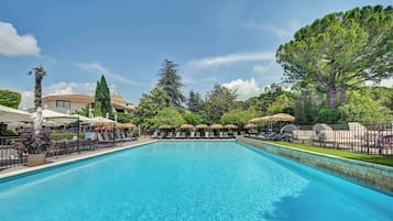 Outdoor pool, pool umbrellas, pool loungers