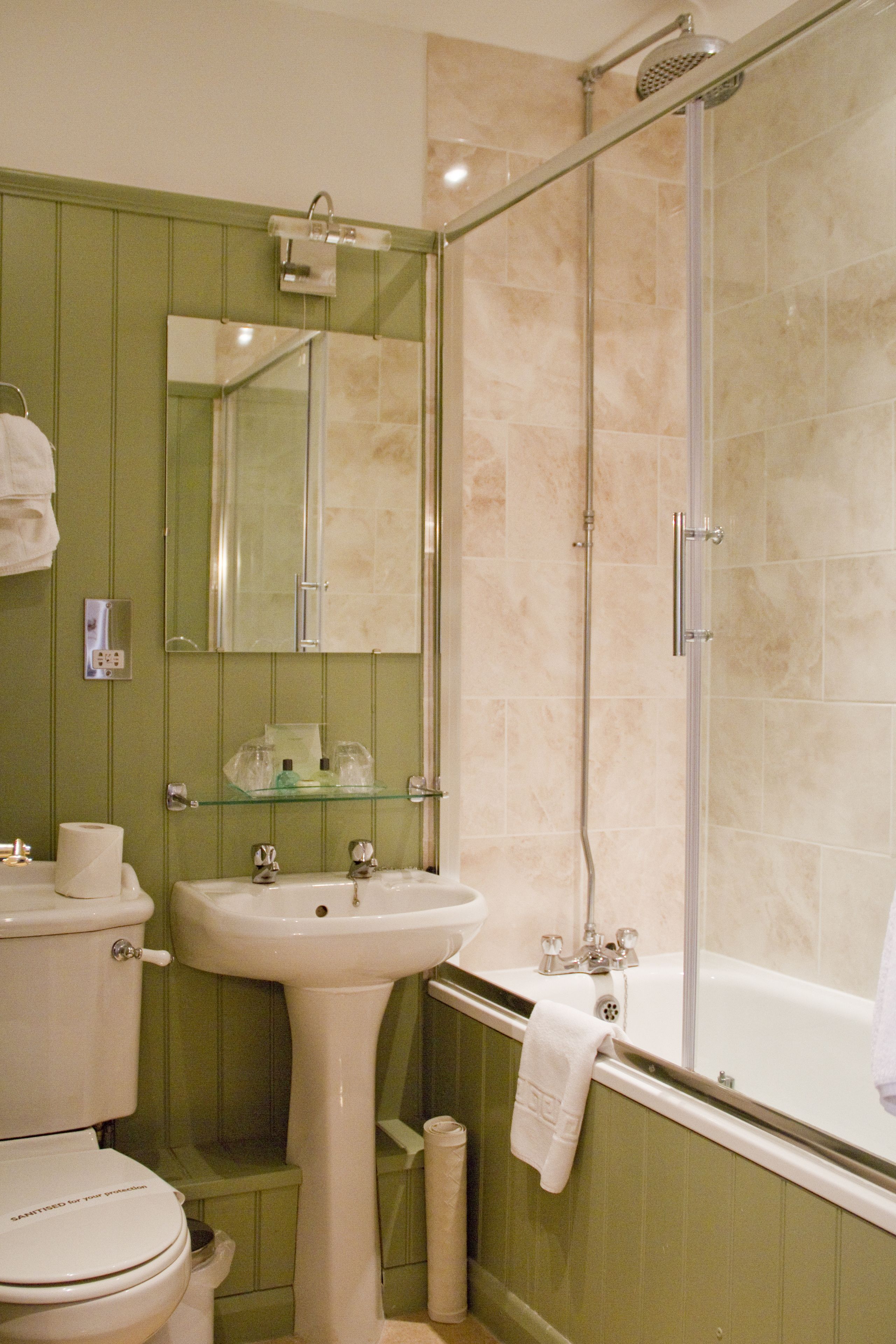 combined shower/bathtub, free toiletries, hair dryer, towels