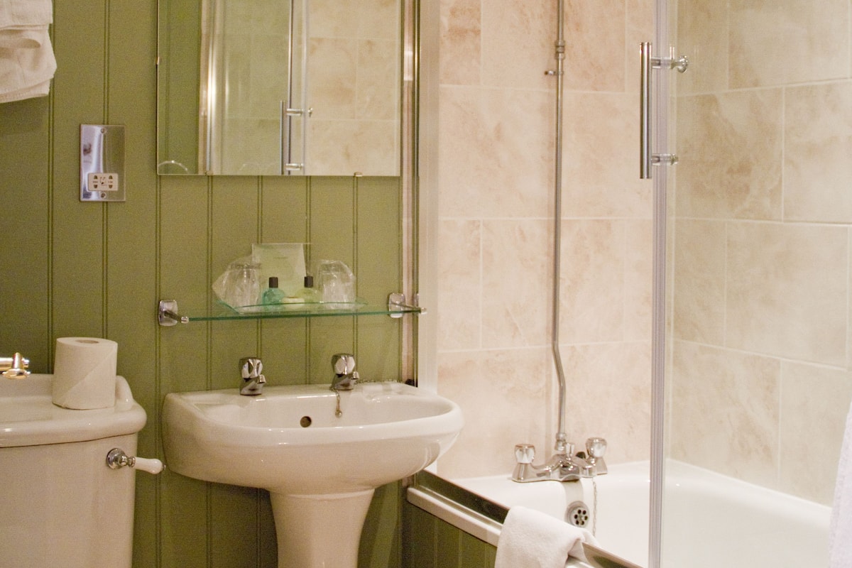 combined shower/bathtub, free toiletries, hair dryer, towels